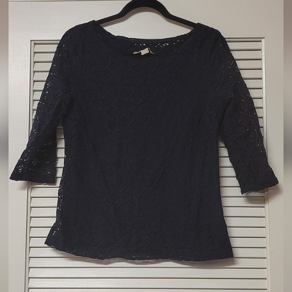 Banana Republic - Navy Blue Lace Cut-Out  3/4 Sleeve Top